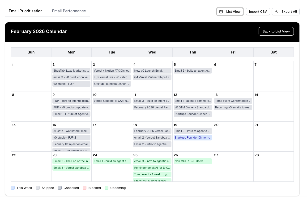 Email Prioritization App — Calendar view showing February 2026 email schedule with color-coded statuses